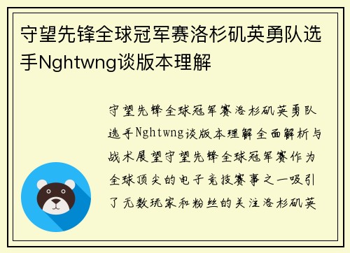守望先锋全球冠军赛洛杉矶英勇队选手Nghtwng谈版本理解